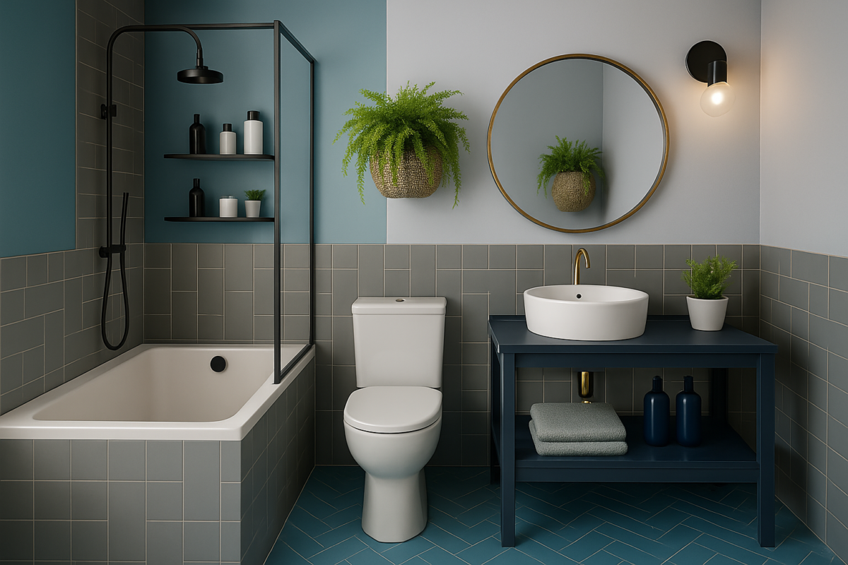 Modern small bathroom with smart storage solutions, wall-mounted sink, and space-saving layout, showcasing stylish and functional small bathroom ideas.