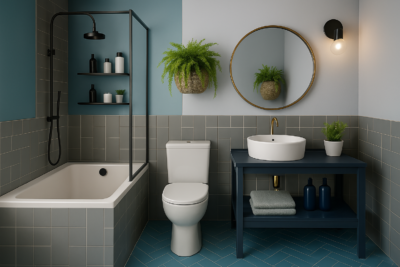 Modern small bathroom with smart storage solutions, wall-mounted sink, and space-saving layout, showcasing stylish and functional small bathroom ideas.