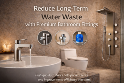 Premium bathroom fittings designed to reduce water wastage, featuring a modern faucet, wall-mounted toilet, and stainless steel shower system.