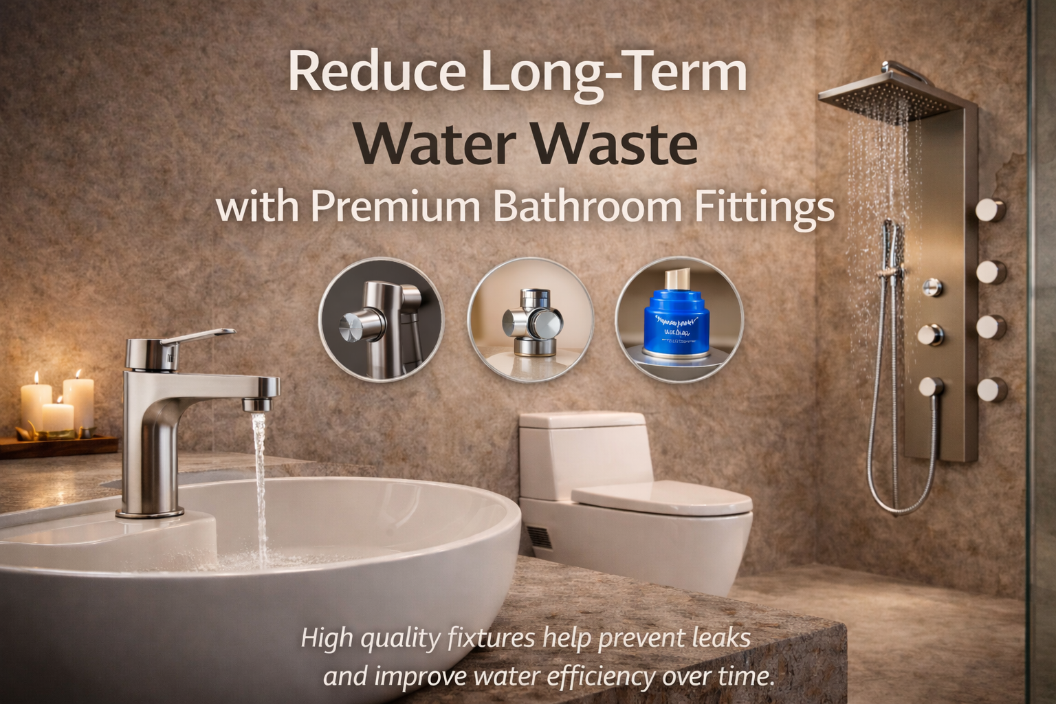 Premium bathroom fittings designed to reduce water wastage, featuring a modern faucet, wall-mounted toilet, and stainless steel shower system.