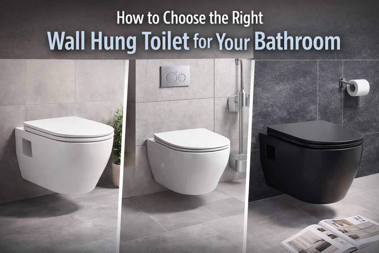 Wall hung toilet for modern bathroom with white and black floating designs